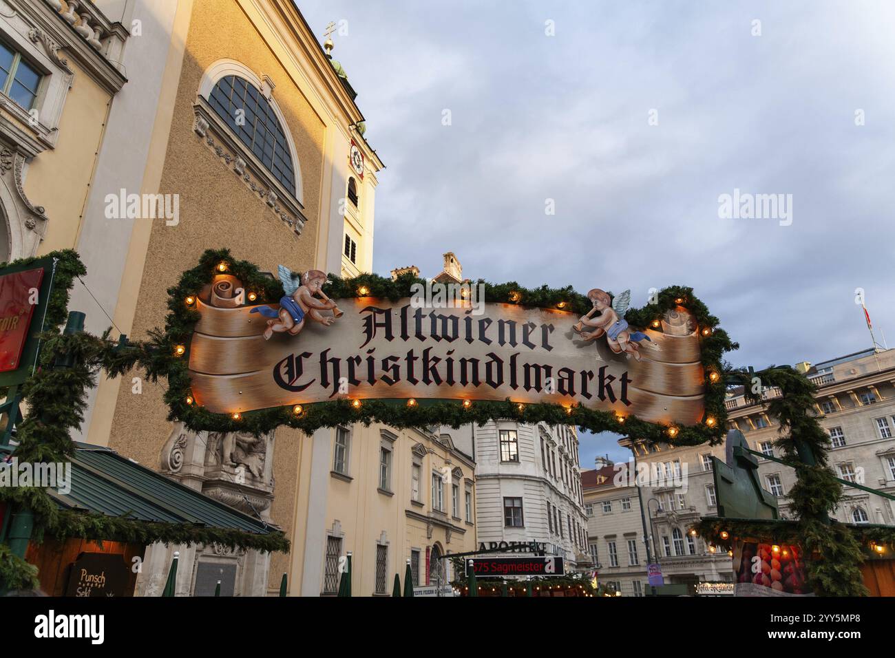 Sign at the entrance gate, Altwiener Christkindlmarkt, Vienna, Austria ...