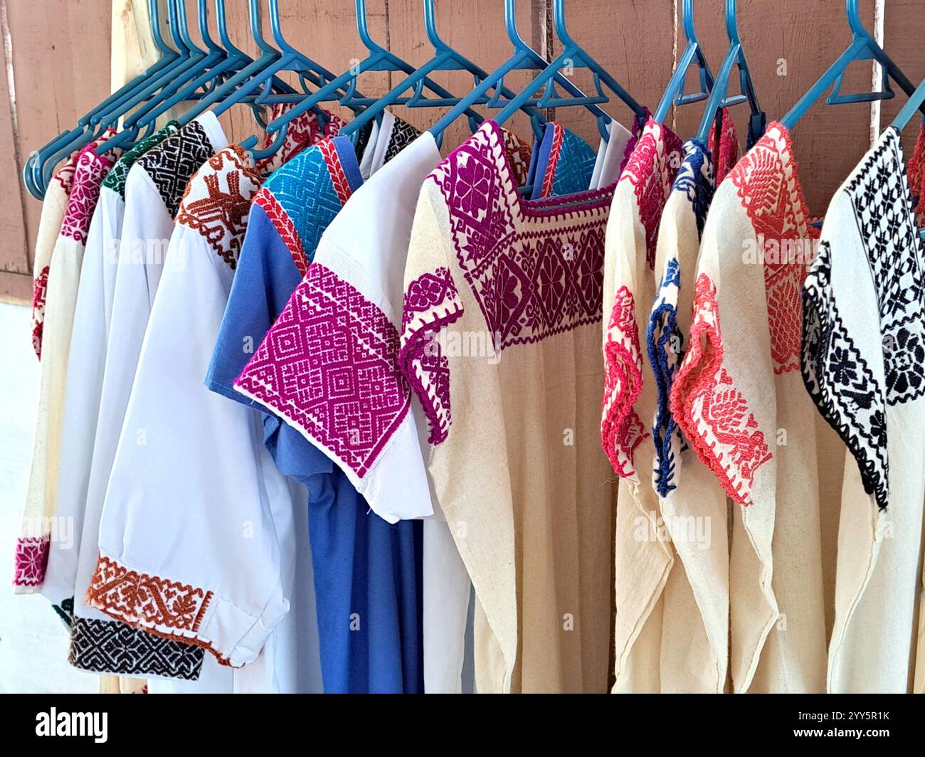 Xicotepec, Puebla - Jun 12 2022: Hand-embroidered blanket blouses in a traditional Mexican artisanal way Stock Photo