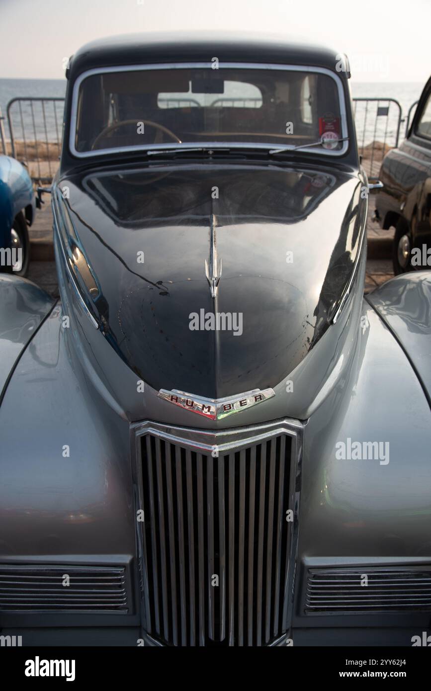 Front view black collectible Humber classic antique vintage car logo. Stock Photo