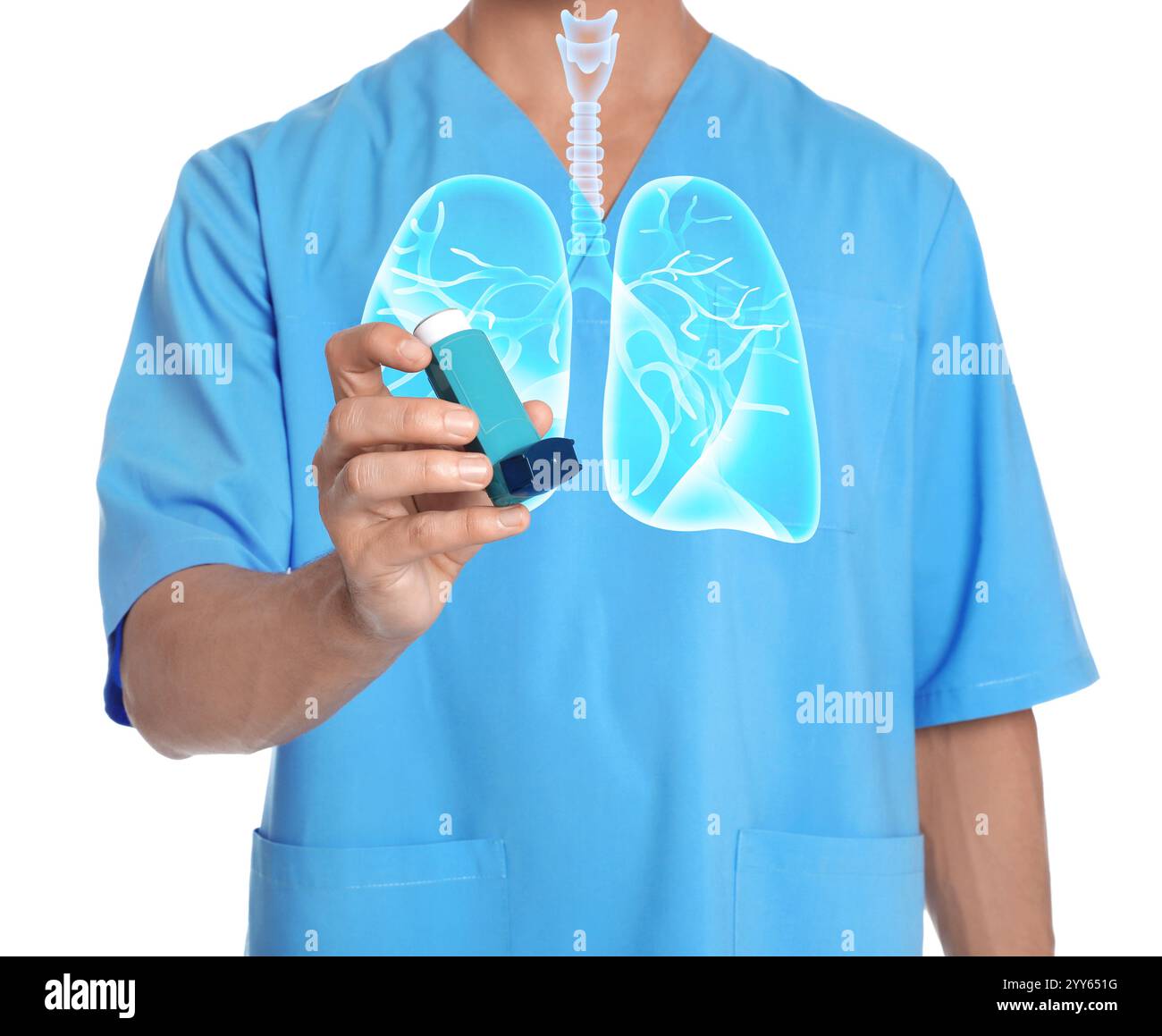 Doctor holding asthma inhaler on white background, closeup ...
