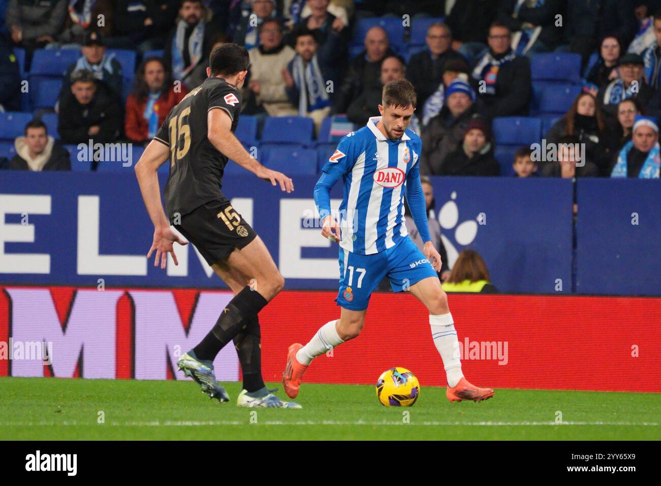 18th December 2024; RCDE Stadium, Cornella, Spain, Spanish La Liga Football, Espanyol versus Valencia; Jofre RCD of Espanyol takes on Tarrega of Valencia Stock Photo