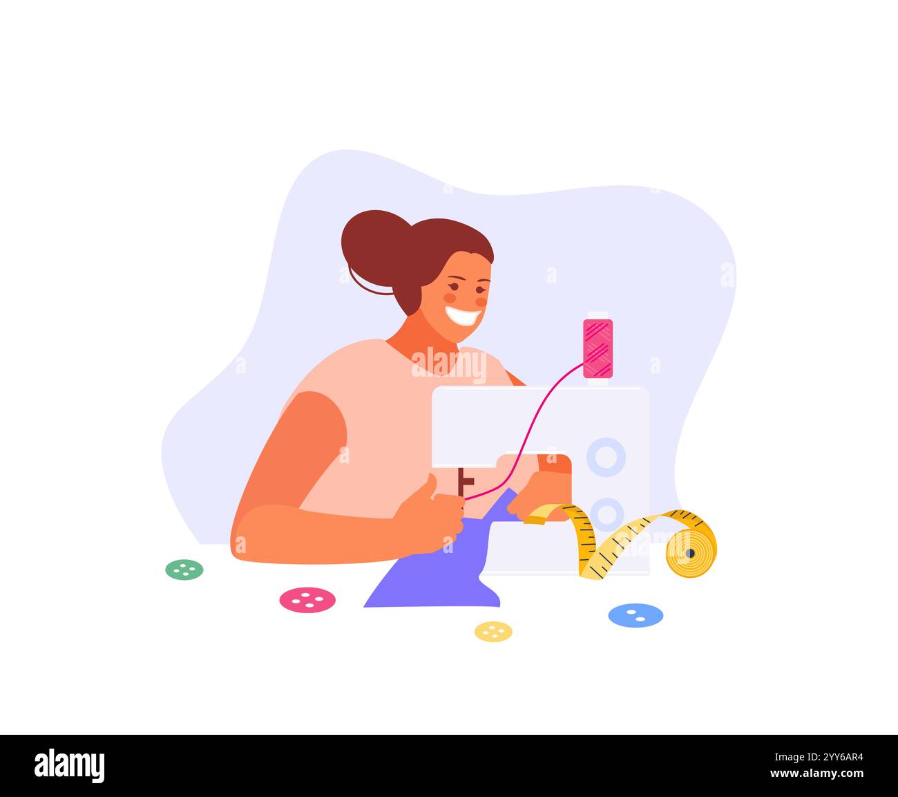 Woman seamstress working at a sewing machine. Vector character ...