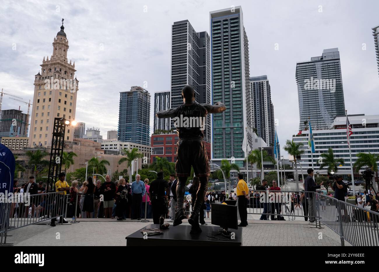 A statue of former Miami Heat player Dwyane Wade is displayed outside