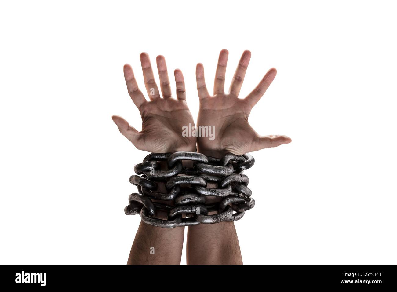 Two hands in chains isolated on white background with clipping path Stock Photo