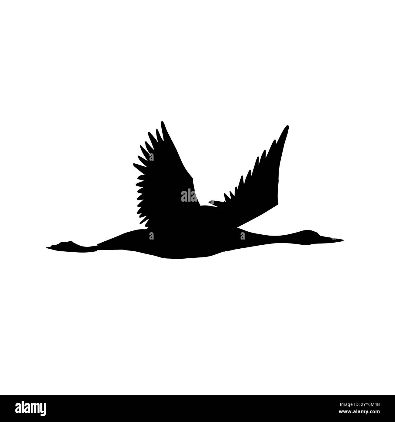 Vector black hand drawn flying crane bird silhouette isolated on white background Stock Vector