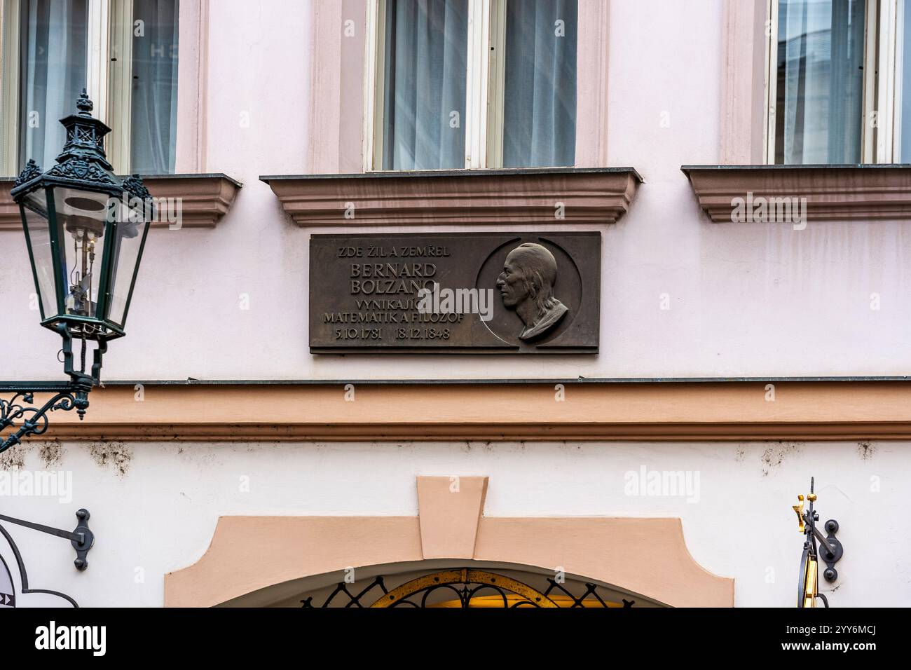 Commemorative plaque where the Bohemian mathematician and theologian Bernard Bolzano lived in Ovocný trh square, Old Town of Prague, Czechia Stock Photo