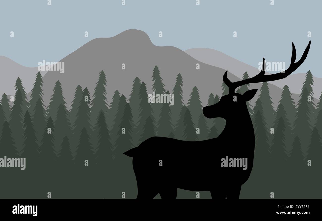 Vector deer silhouette in flat landscape with spruce tree forest and ...