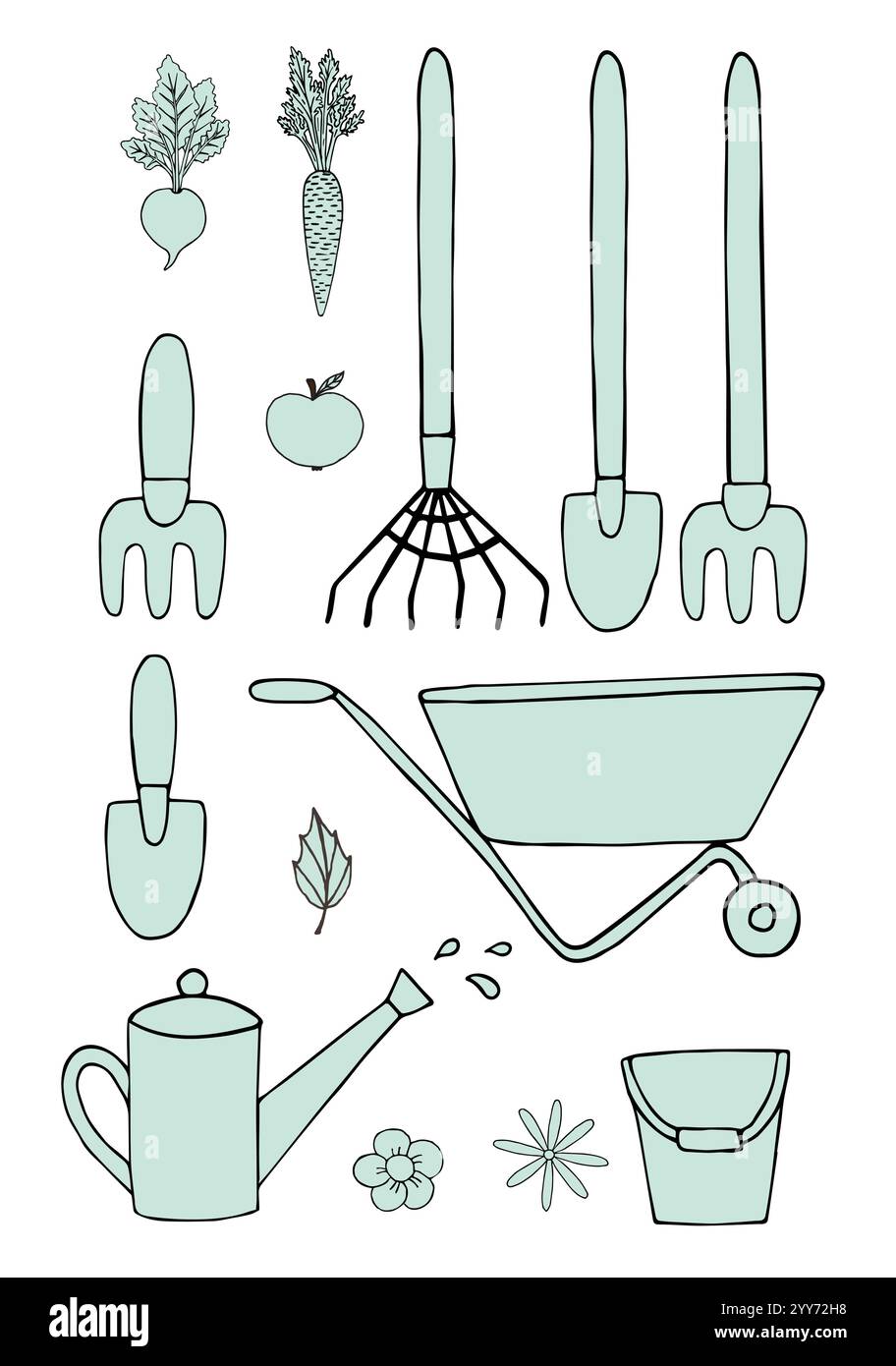 Vector set bundle of hand drawn doodle sketch mint gardening equipment ...