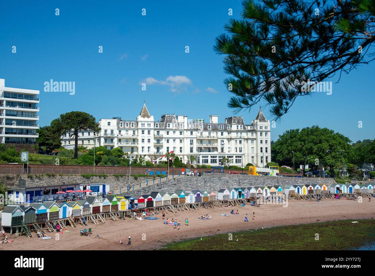 view at Grand Hotel and beach huts at Torquay, England Stock Photo