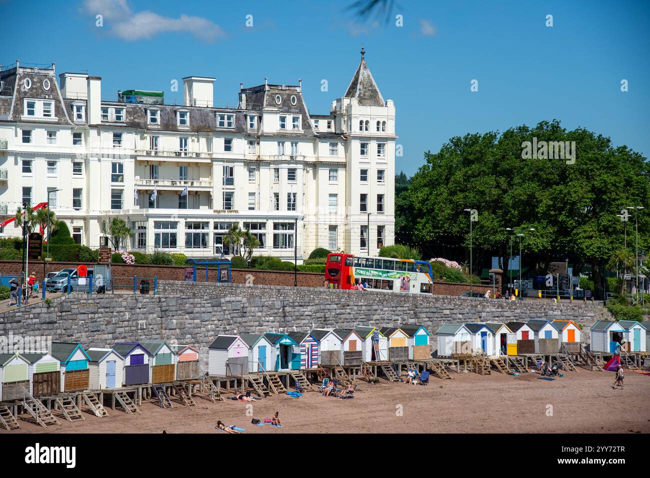 view at Grand Hotel and beach huts at Torquay, England Stock Photo