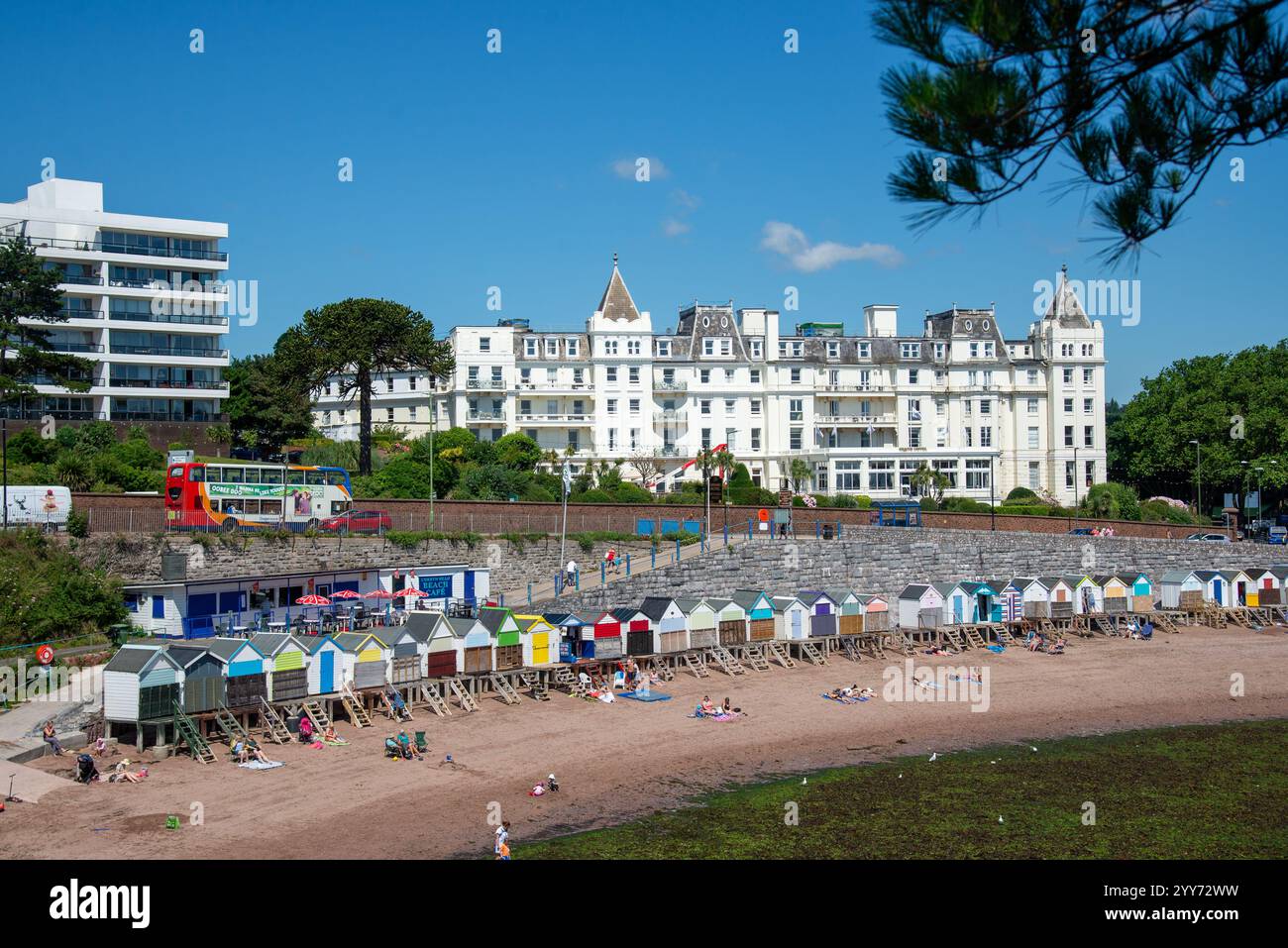 view at Grand Hotel and beach huts at Torquay, England Stock Photo