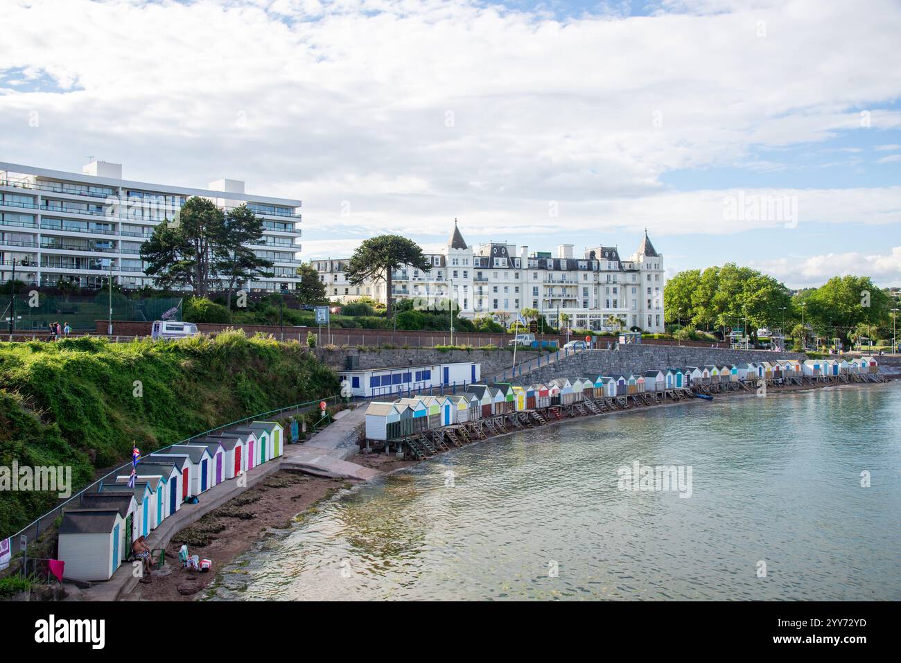view at Grand Hotel and beach huts at Torquay, England Stock Photo