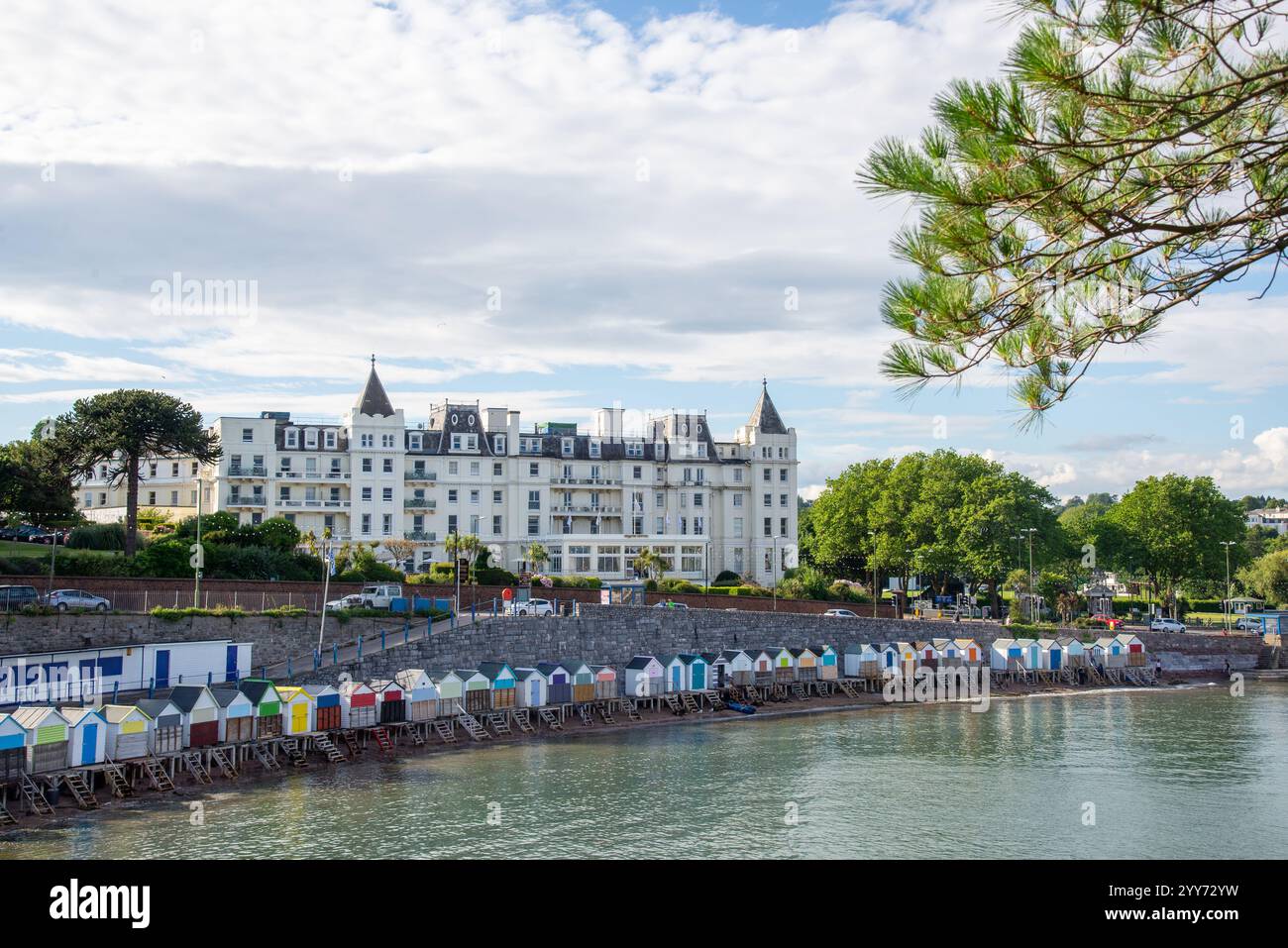 view at Grand Hotel and beach huts at Torquay, England Stock Photo