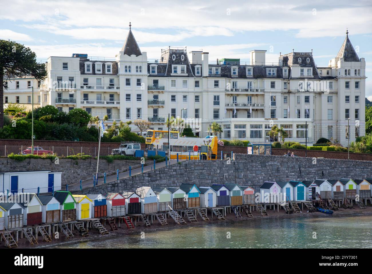 view at Grand Hotel and beach huts at Torquay, England Stock Photo