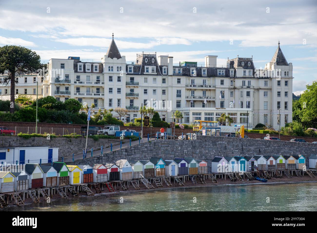 view at Grand Hotel and beach huts at Torquay, England Stock Photo
