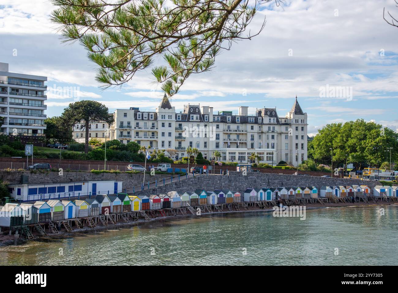 view at Grand Hotel and beach huts at Torquay, England Stock Photo