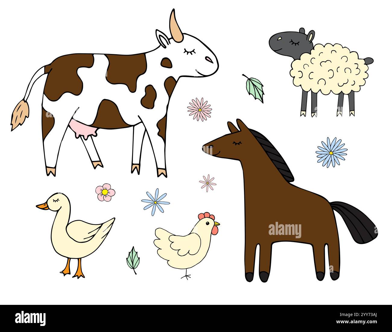 Vector set bundle of colored hand drawn doodle sketch farm domestic ...