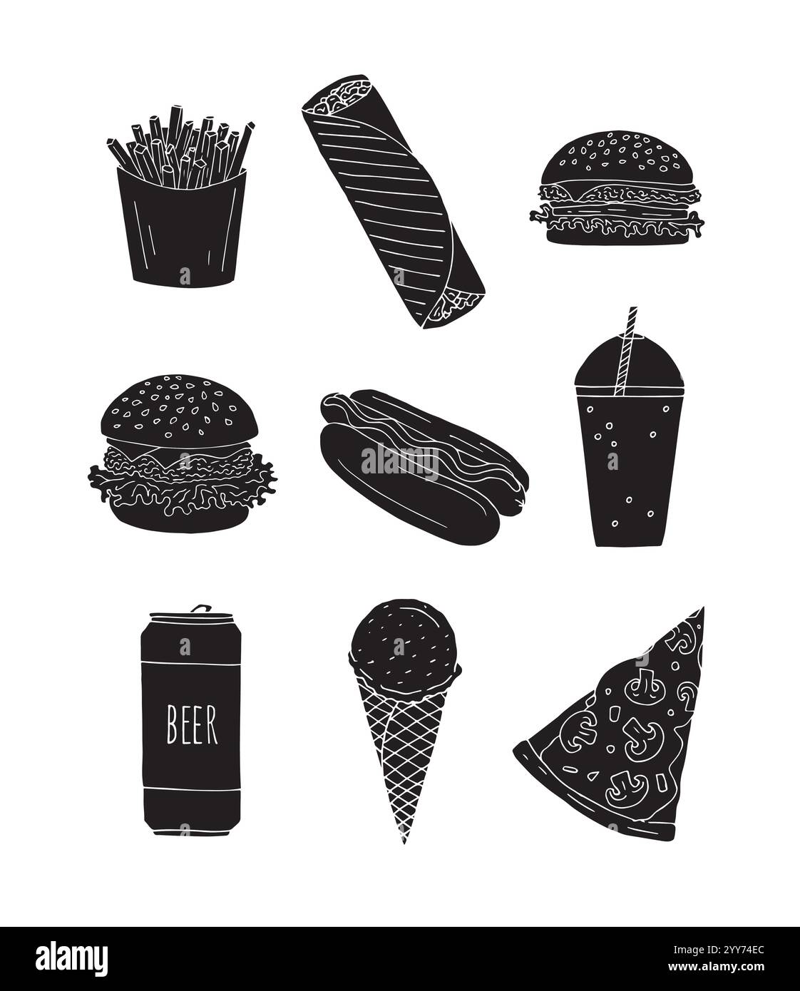 Vector set bundle of black hand drawn doodle sketch fast food isolated ...