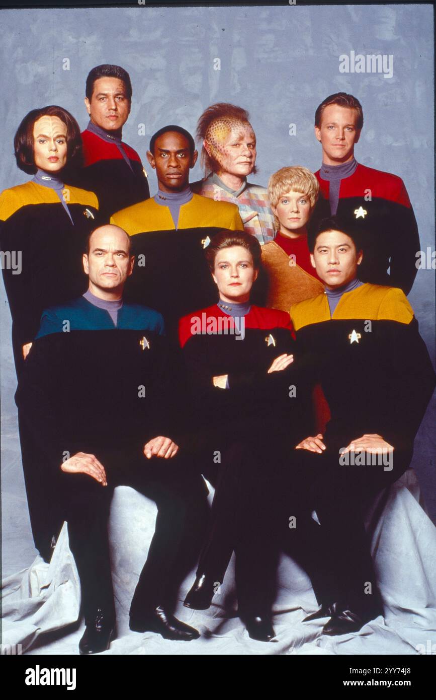 December 11, 2024, Hollywood, California, USA: RELEASE DATE:1995 TITLE:Star Trek Voyager STUDIO: Paramount Pictures PLOT: Set in the 24th century, when Earth is part of a United Federation of Planets, it follows the adventures of the Starfleet vessel USS Voyager as it attempts to return home to the Alpha Quadrant after being stranded in the Delta Quadrant on the far side of the galaxy. STARRING: (foreground, l to r): Robert Picardo, Kate Mulgrew, Garrett Wang (rear, l to r): Roxann Dawson, Robert Beltran, Tim Russ, Ethan Phillips, Jennifer Lien, Robert Duncan McNeill. (Credit Image: © Paramoun Stock Photo