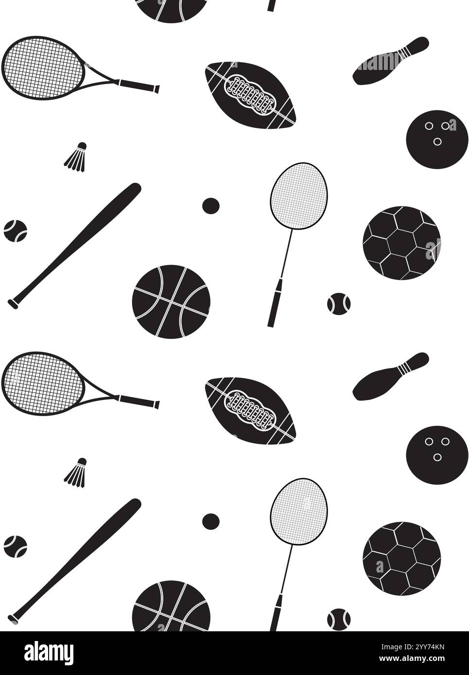 Vector seamless pattern of flat black sport equipment isolated on white ...