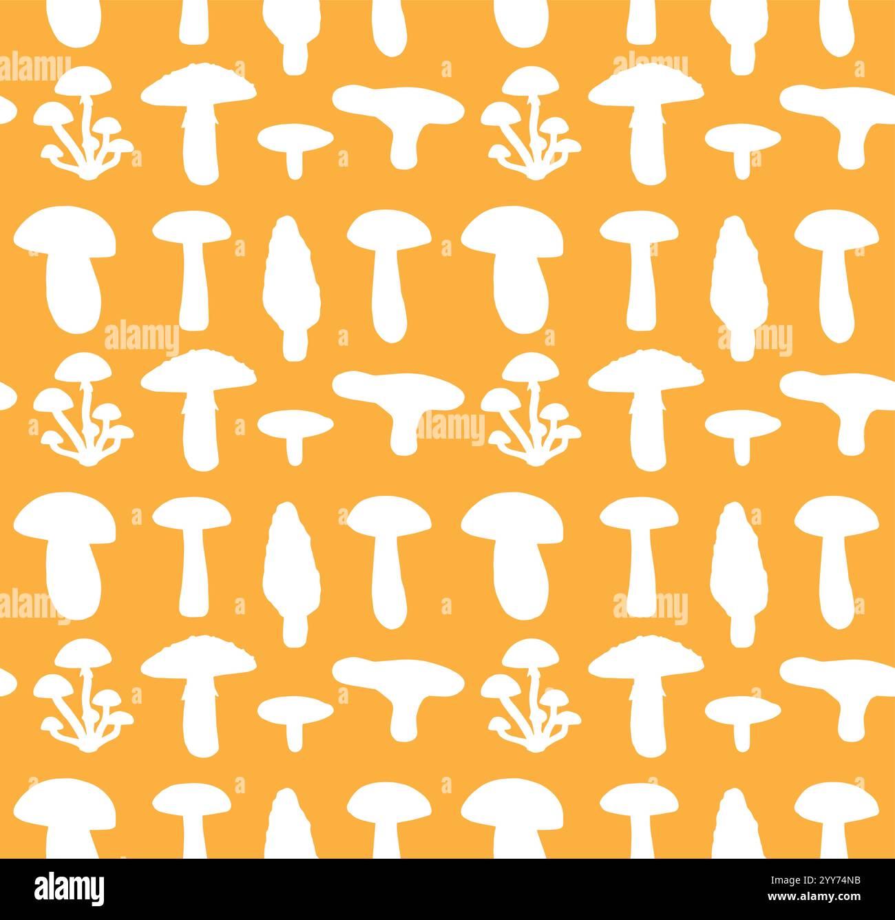 Vector seamless pattern of white hand drawn mushroom silhouette isolated on orange background Stock Vector