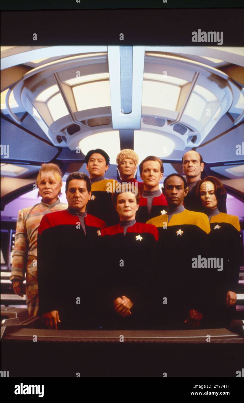 December 11, 2024, Hollywood, California, USA: RELEASE DATE:1995 TITLE:Star Trek Voyager STUDIO: Paramount Pictures PLOT: Set in the 24th century, when Earth is part of a United Federation of Planets, it follows the adventures of the Starfleet vessel USS Voyager as it attempts to return home to the Alpha Quadrant after being stranded in the Delta Quadrant on the far side of the galaxy. STARRING: (foreground, l to r): Robert Beltran, Kate Mulgrew, Tim Russ Roxann Dawson (rear, l to r): Ethan Phillips, Garrett Wang, Jennifer Lien, Robert Duncan McNeill, Robert Picardo. (Credit Image: © Paramount Stock Photo