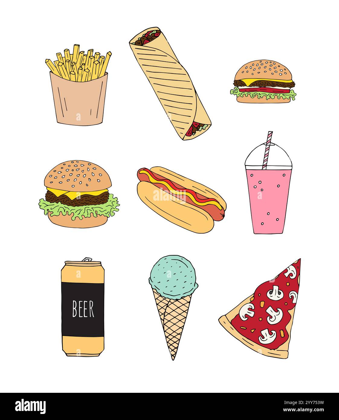Vector set bundle of colored hand drawn doodle sketch fast food ...