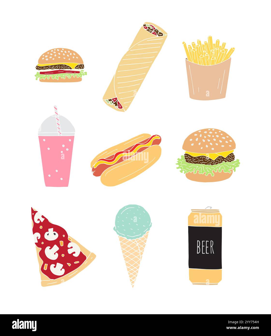 Vector set bundle of different color hand drawn doodle sketch fast food ...