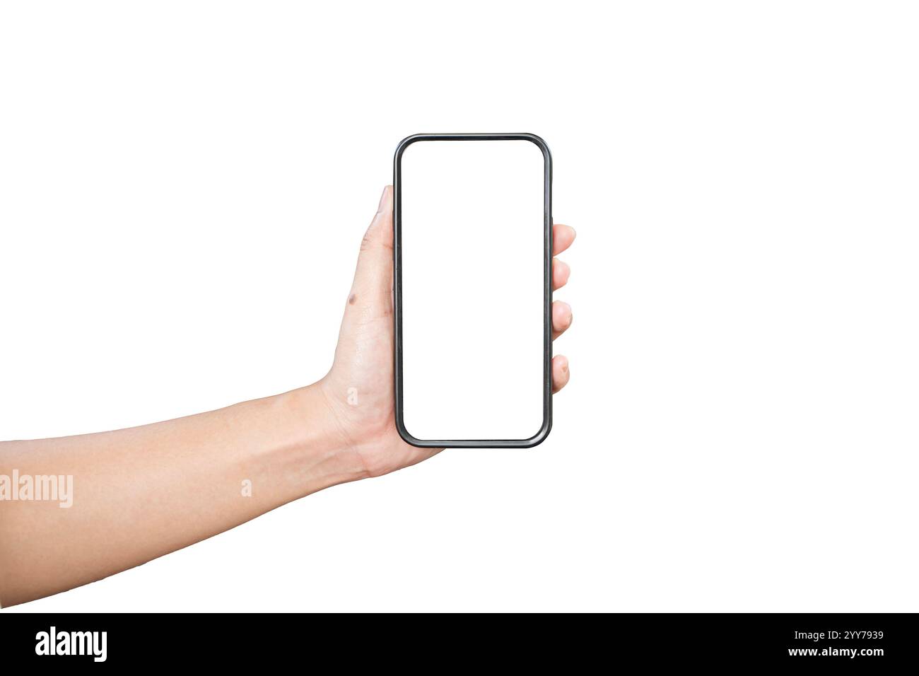 Human hand holds black smartphone blank screen white background isolated close up, woman's hand holding mobile phone, modern design cellphone in femal Stock Photo