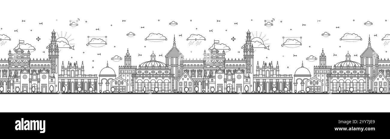 Seamless pattern with Outline Seville Spain City Skyline with Historic Buildings Isolated on White. Vector Illustration. Seville Cityscape. Stock Vector