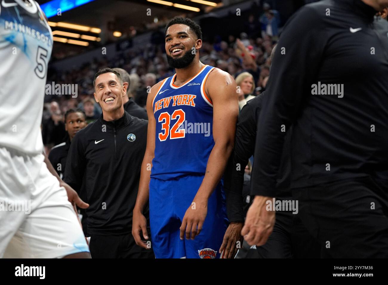New York Knicks center Karl-Anthony Towns (32) reacts after a 3-point ...