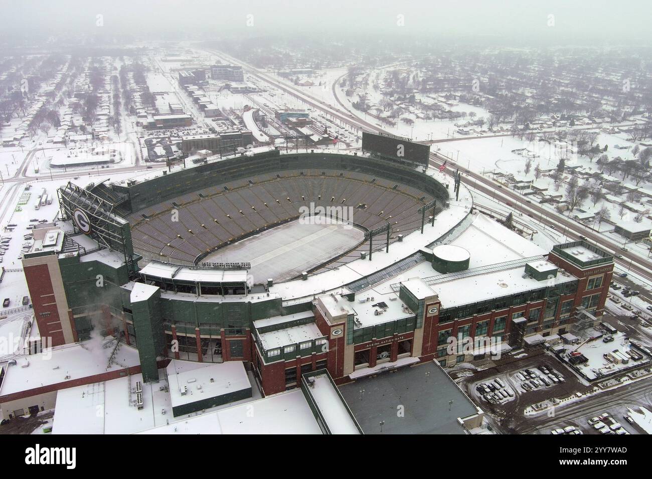 A general overall aerial view of a snow-covered Lambeau Field, Thursday