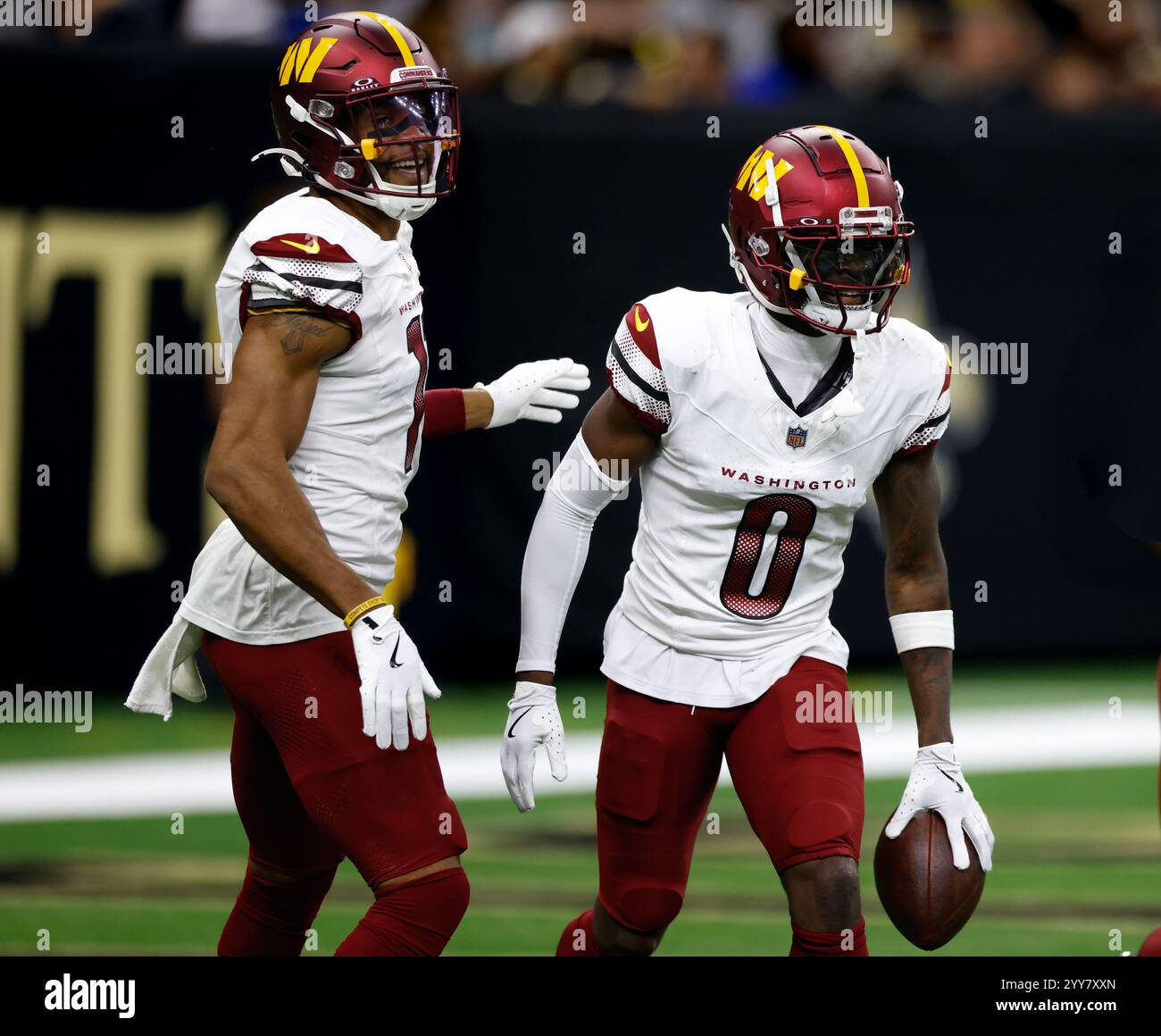 Washington Commanders cornerback Mike Sainristil (0) celebrates the ...