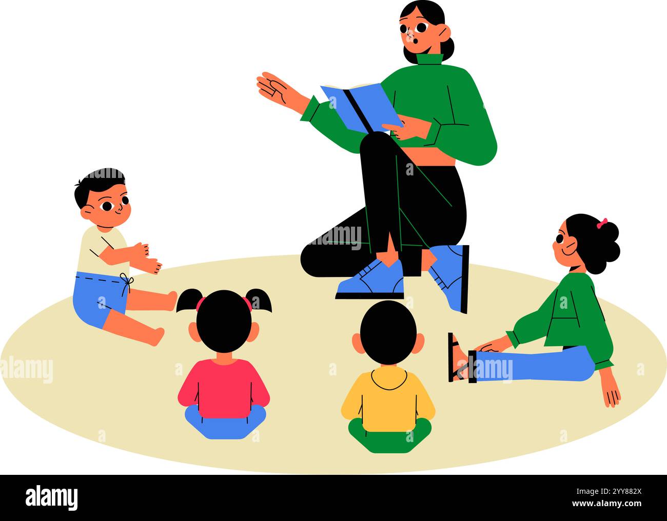 Teacher Reading Story To Children In Flat Vector Illustration Symbolizing Education, Learning, And Interaction, Isolated On White Background Stock Vector