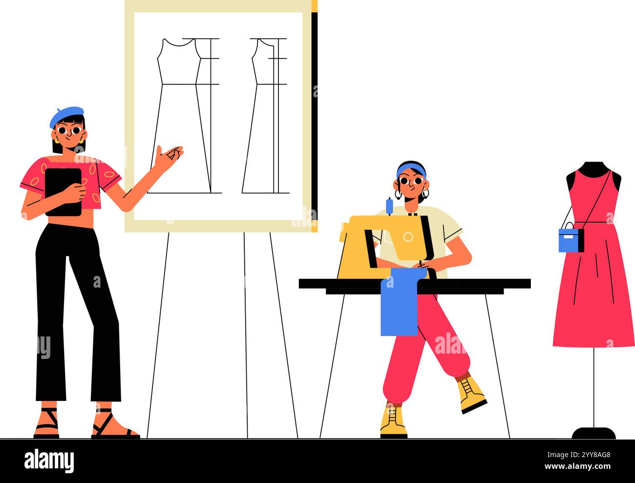 Fashion Designer With Sketch And Tailor At Sewing Machine In Flat ...
