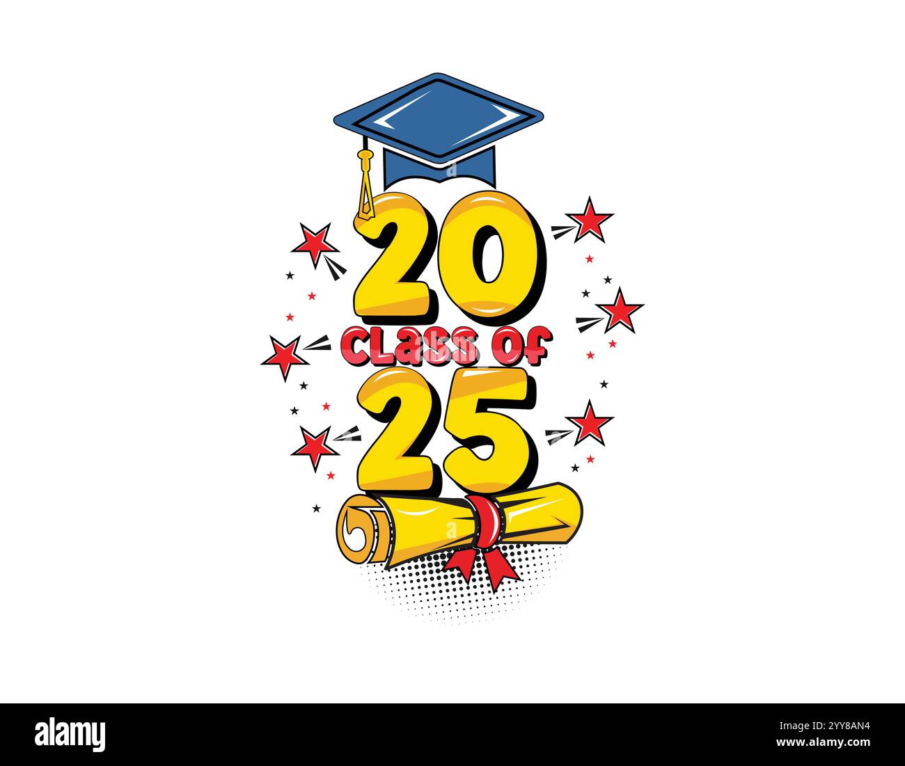 2025 class graduate header. Decorate congratulations for school graduates in comic cartoon style