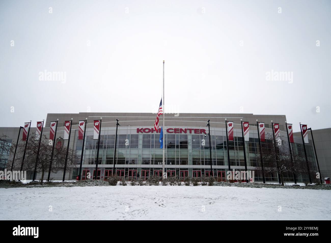 A general overall view of the United States flag a half mast at the ...