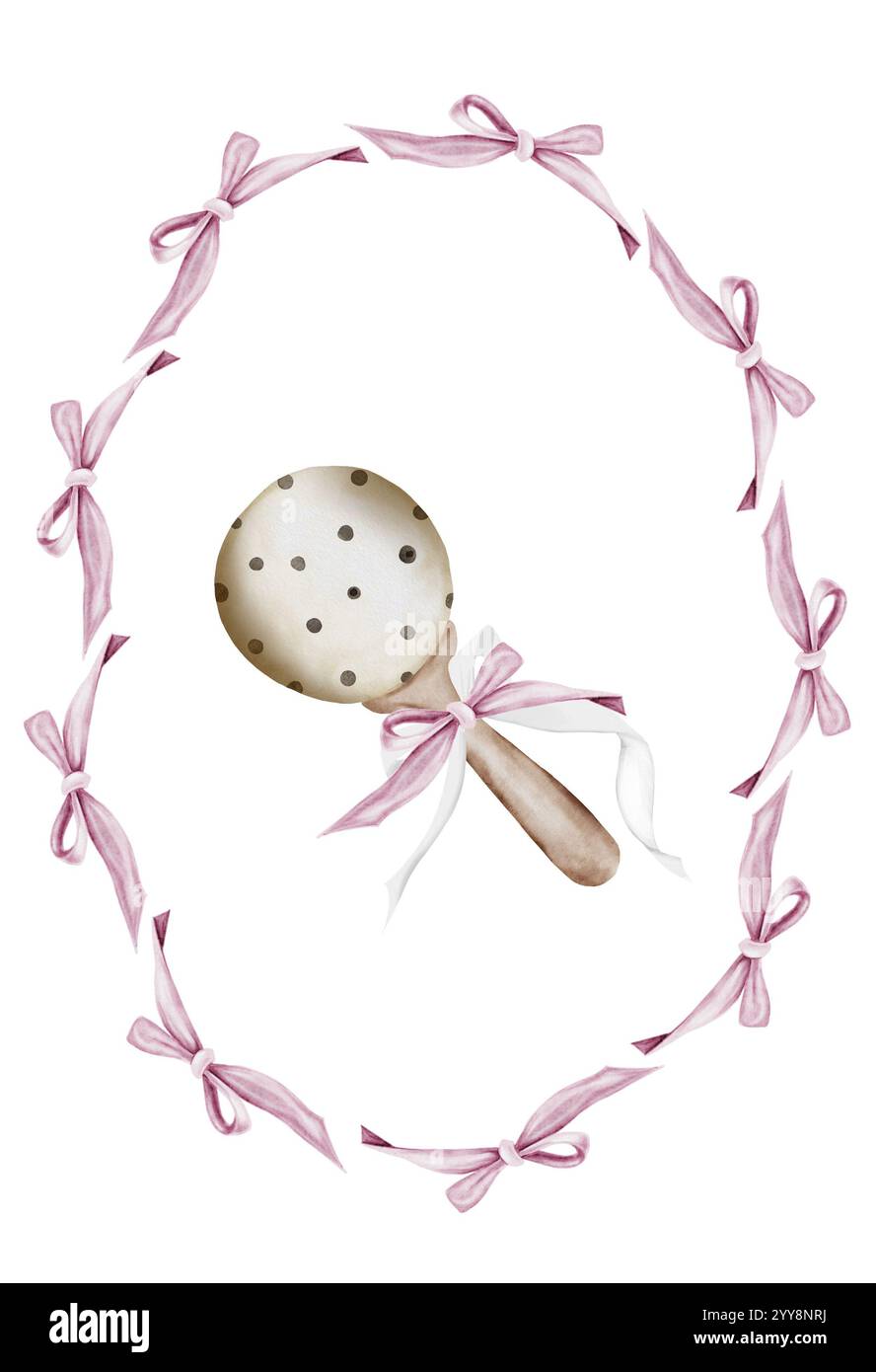 Cartoon Rattle Frame Baby rattle toy watercolor.Hand drawn baby accessory in a bow frame ...