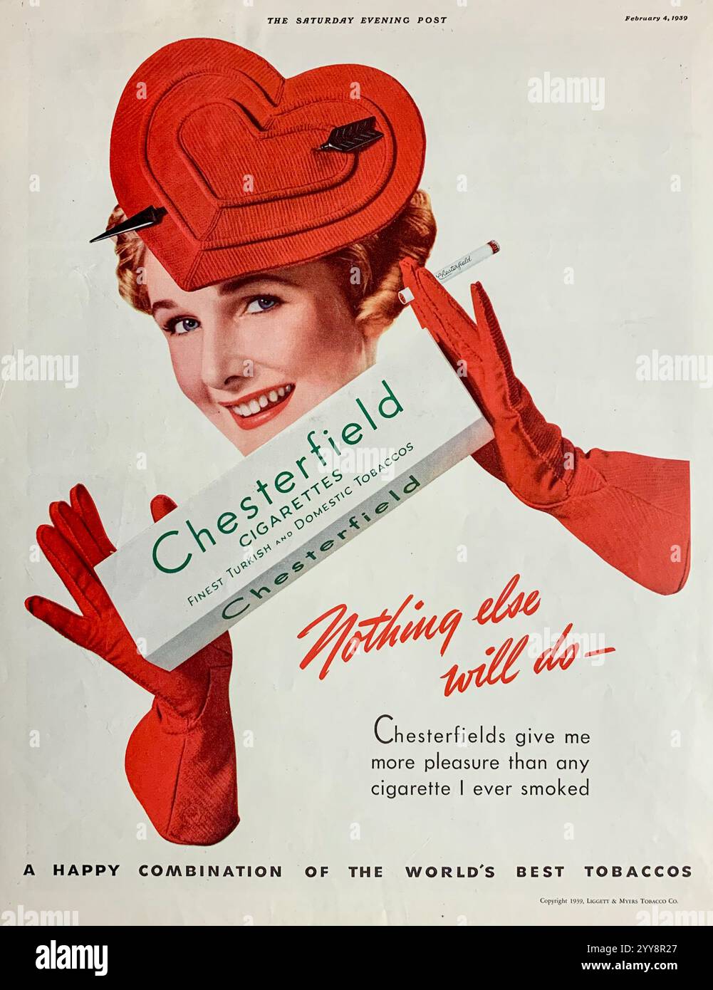 1940 Vintage Tobacco AD CHESTERFIELD Cigarettes Valentine Is