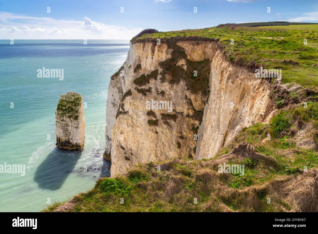 View at sunrise of the Old Harry Rocks, chalky formations near Handfast ...