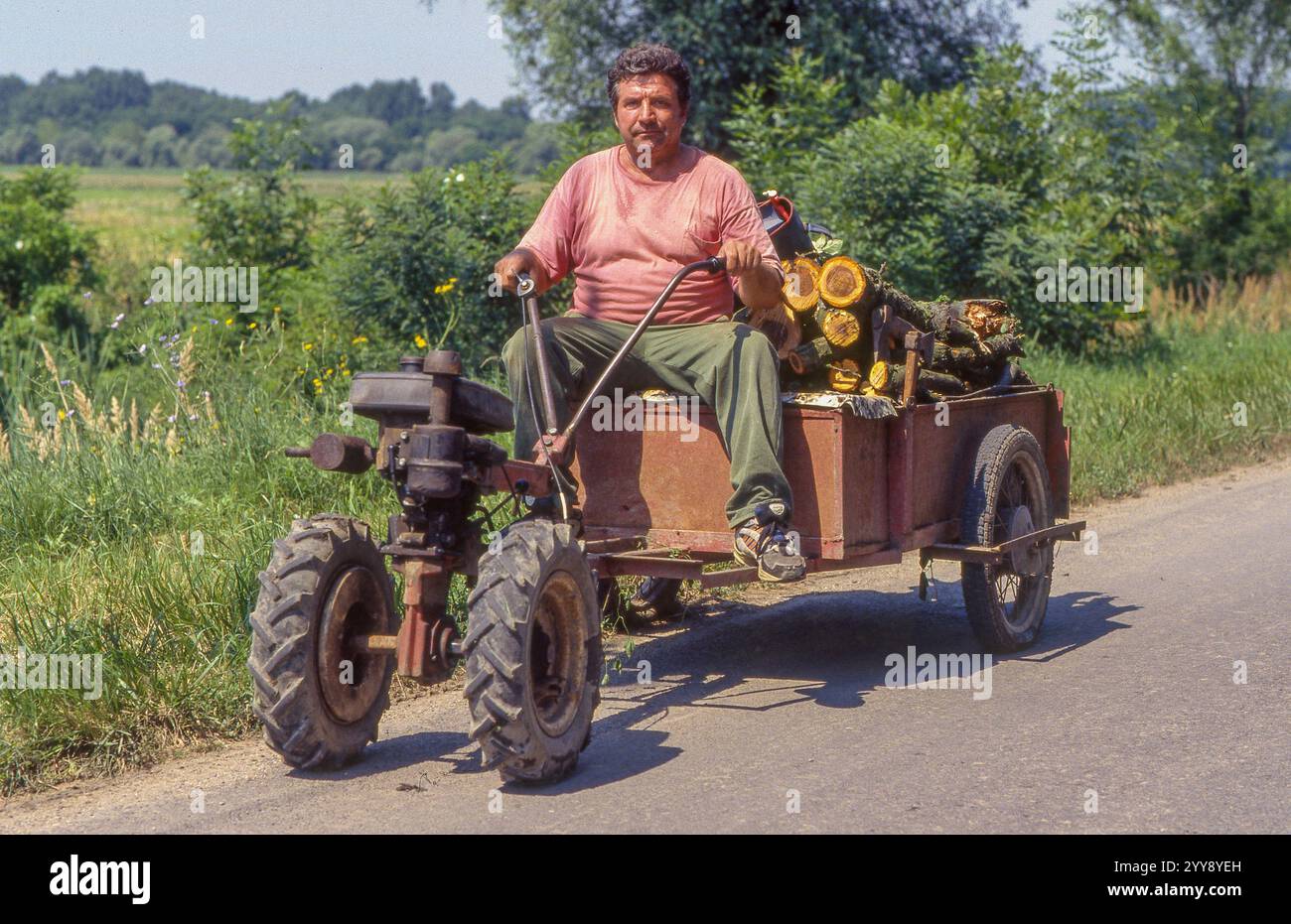 Hungary, farmer with his motorized cart has been working in the fields and is now transporting cut wood for his stove Stock Photo