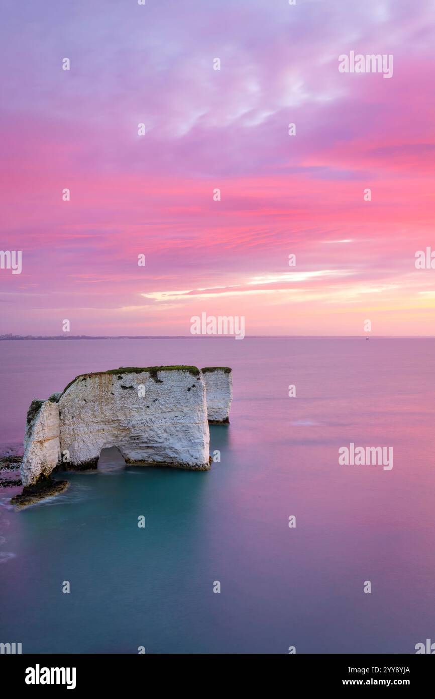 View of the Old Harry Rocks, chalky formations near Handfast Point, on the Isle of Purbeck in Dorset, Jurassic Coast, southern England. Stock Photo