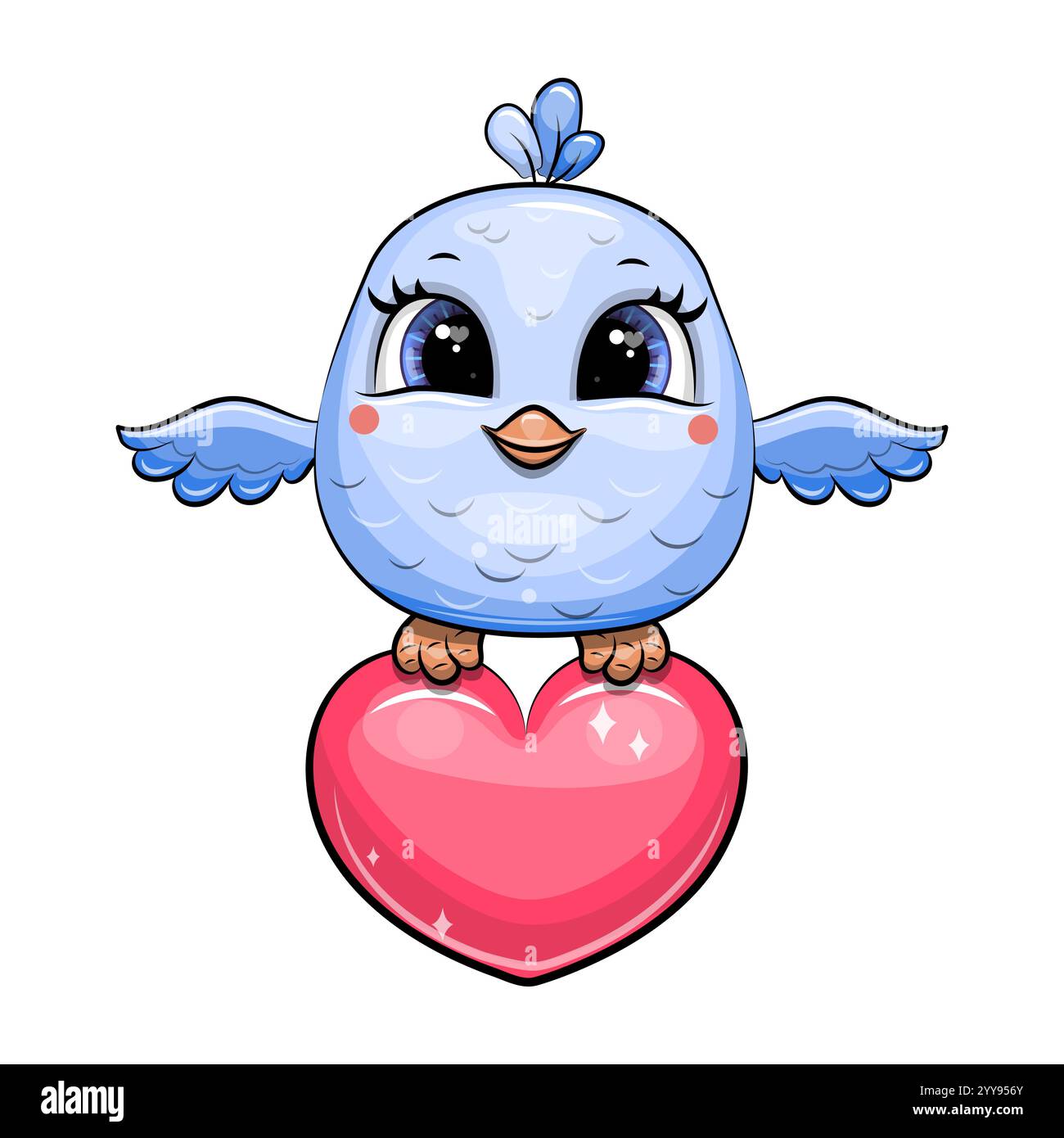 Cute cartoon blue bird holds a big heart. Vector illustration of an ...