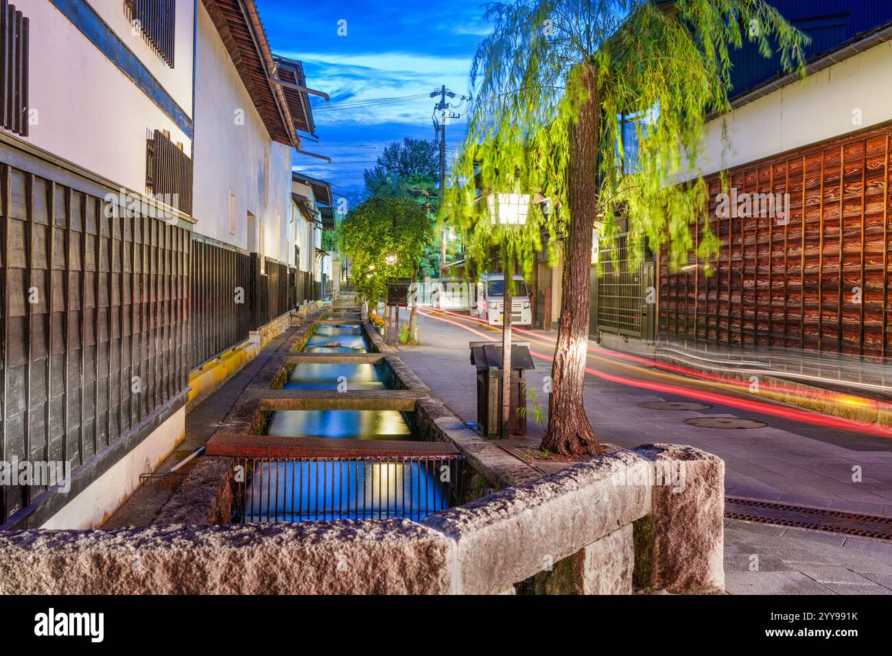 Hida, Gifu, Japan on Shirakabe Dozogai Street at twilight. Stock Photo