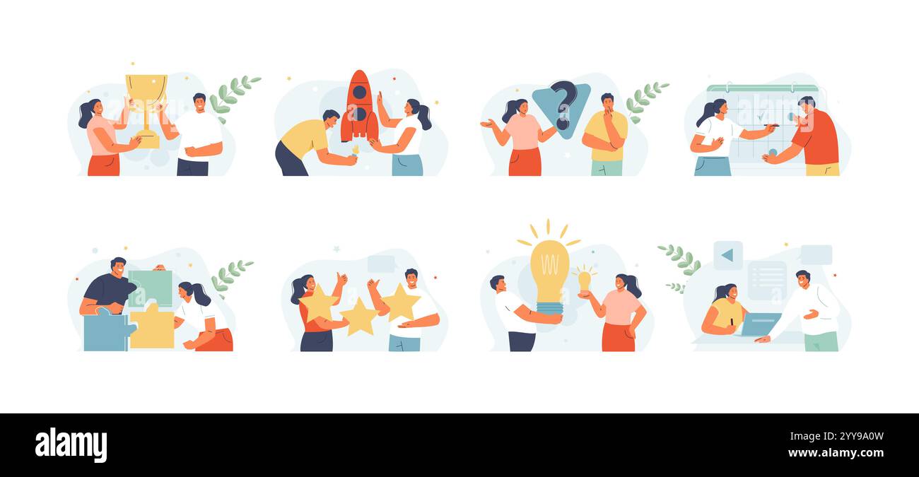 People Development Dialog Team man and woman in different business situations. Idea, planning ...