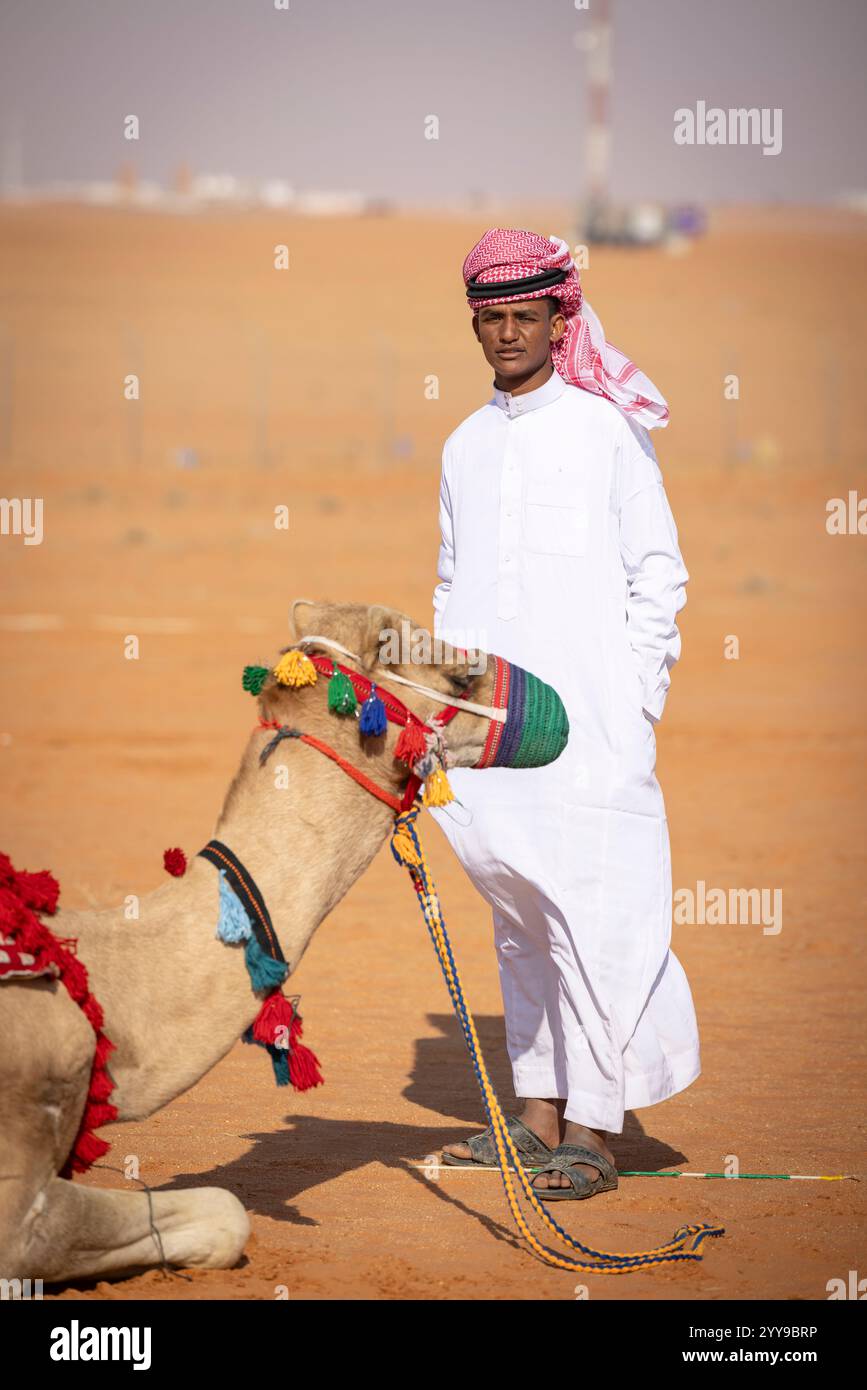 Al-Sayahid, KSA, 14th December 2024: camel rider in traditional ...