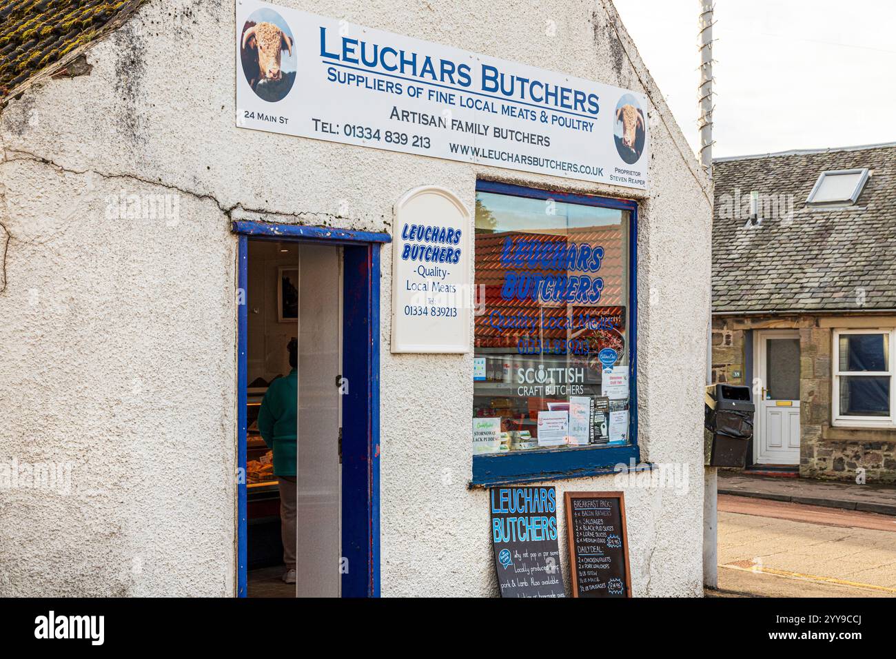 A traditional butchers shop in Leuchars, St Andrews, Fife, Scotland UK Stock Photo