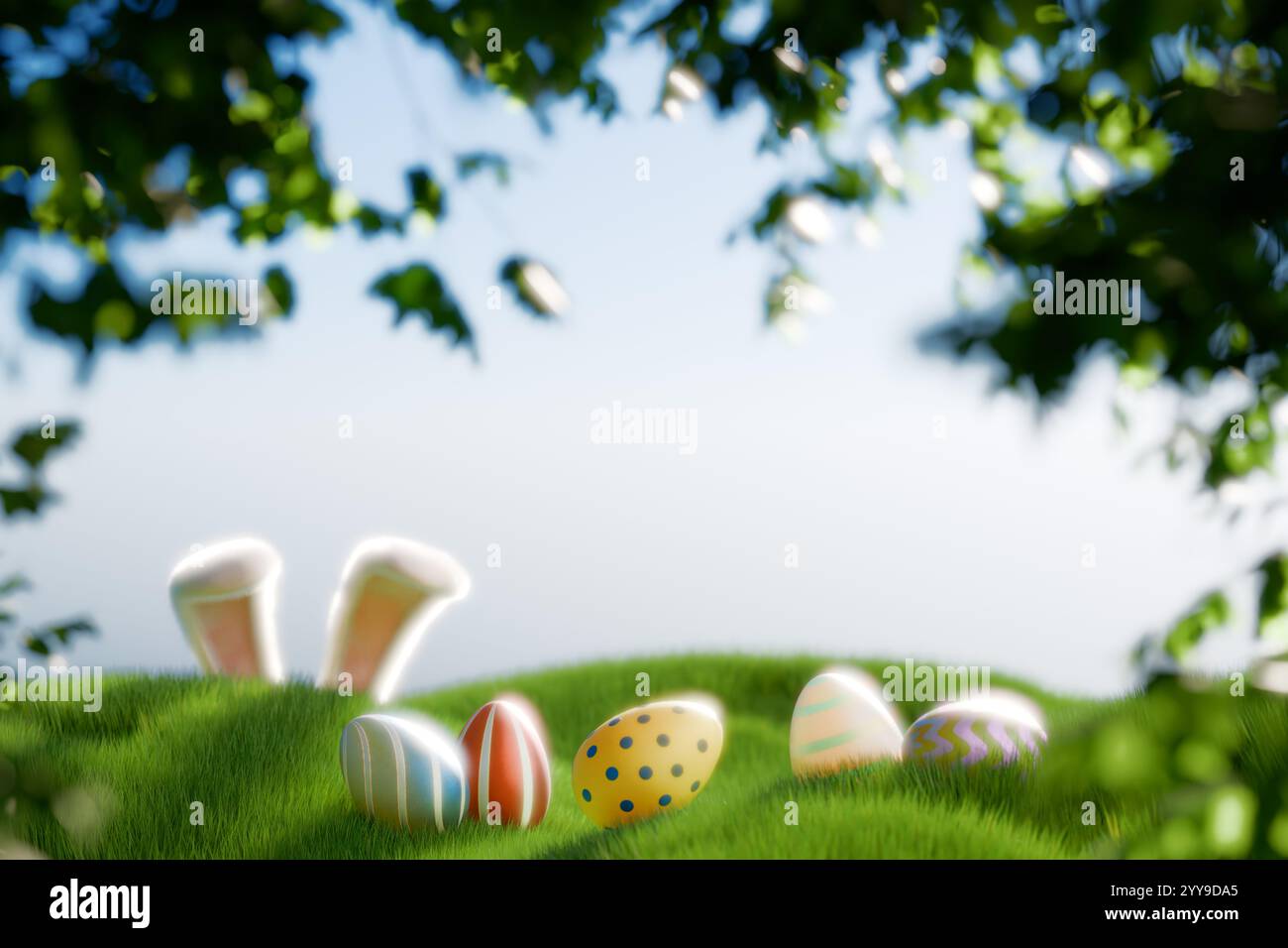 Colorful Easter eggs on green grass with a playful bunny hidden behind ...