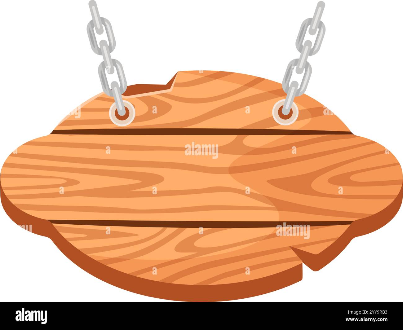 Oval wooden signboard with rounded edges is hanging from two metal chains on white background, creating a rustic and inviting display for text or graphics Stock Vector