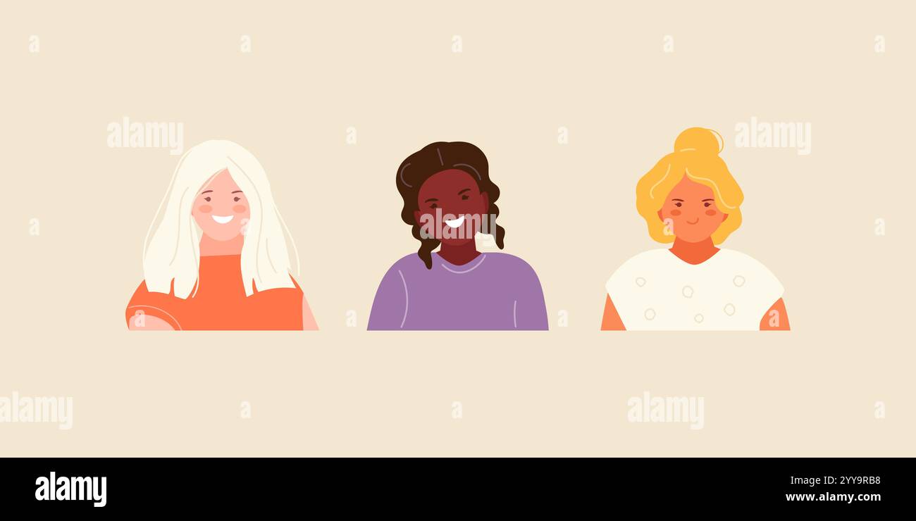 Set avatars children girls with different looks. Vector illustration ...